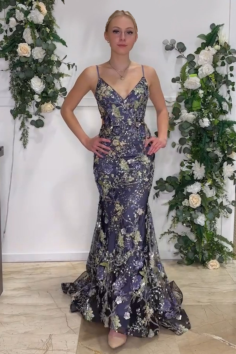Navy Glitter Mermaid Prom Dress with Appliques and Spaghetti Straps