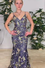 Navy Glitter Mermaid Prom Dress with Appliques and Spaghetti Straps