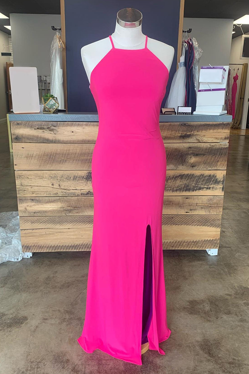 Long Hot Pink Prom Dress with Silt in a Sheath Halter Style