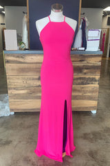 Long Hot Pink Prom Dress with Silt in a Sheath Halter Style