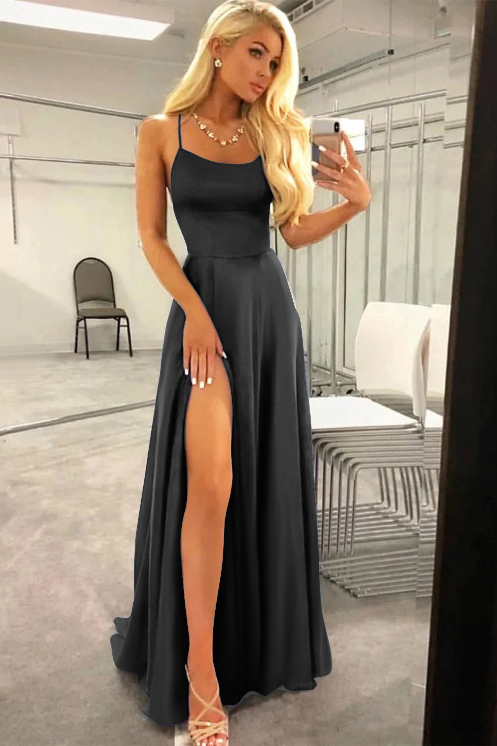 A Line Prom Dress in Royal Blue with Halter and Backless Design