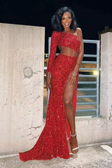 Long Red Sequined Prom Dress with Silt One Shoulder Sheath
