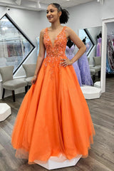 Orange Long Prom Dress with Appliques in a V-Neck A-Line Style