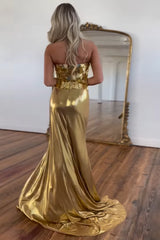 Long Mirror Metallic Mermaid Prom Dress in Sparkly Golden with Strapless Design and Slit