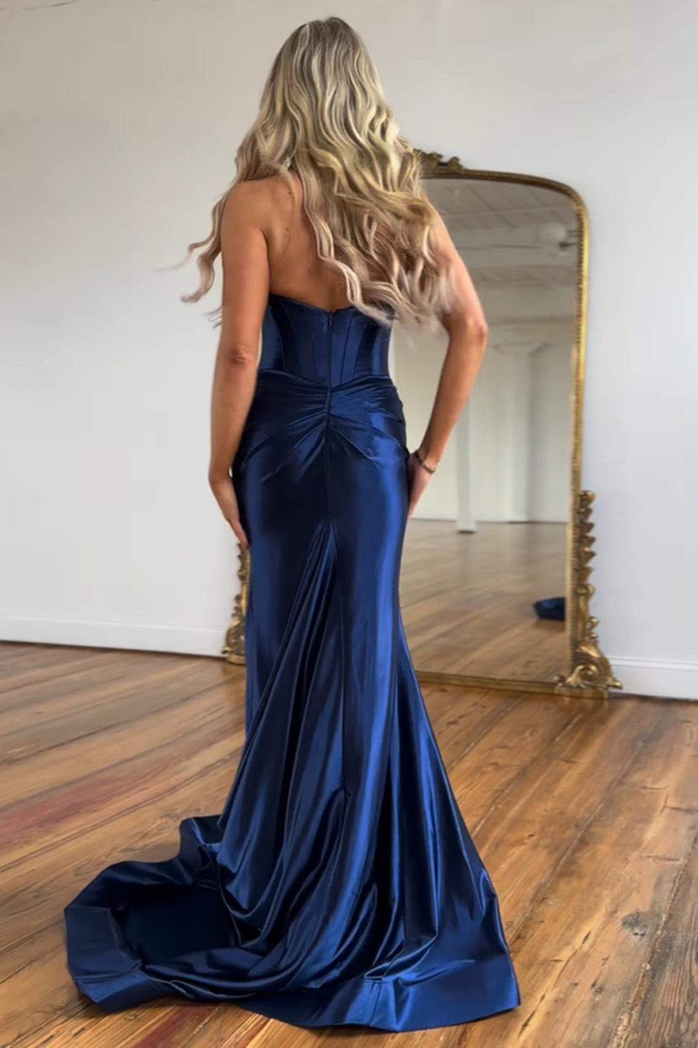 Long Navy Satin Mermaid Prom Dress with Halter Neck and Corset Slit