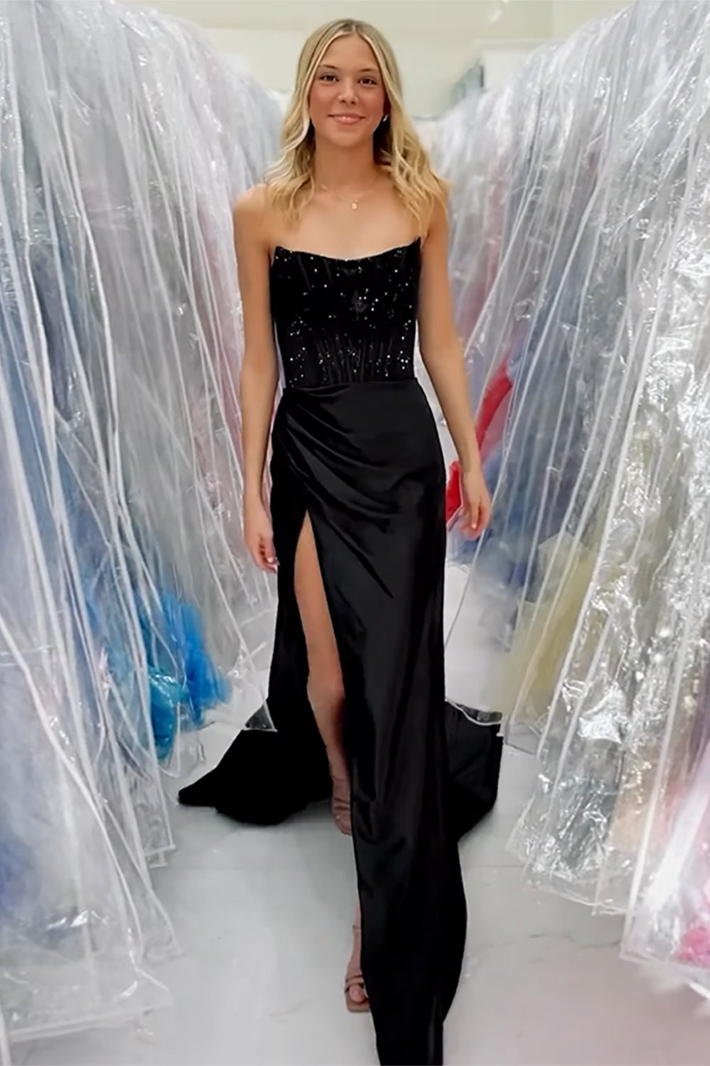 Royal Blue Glitter Mermaid Corset Prom Dress with Beading Strapless Satin Long