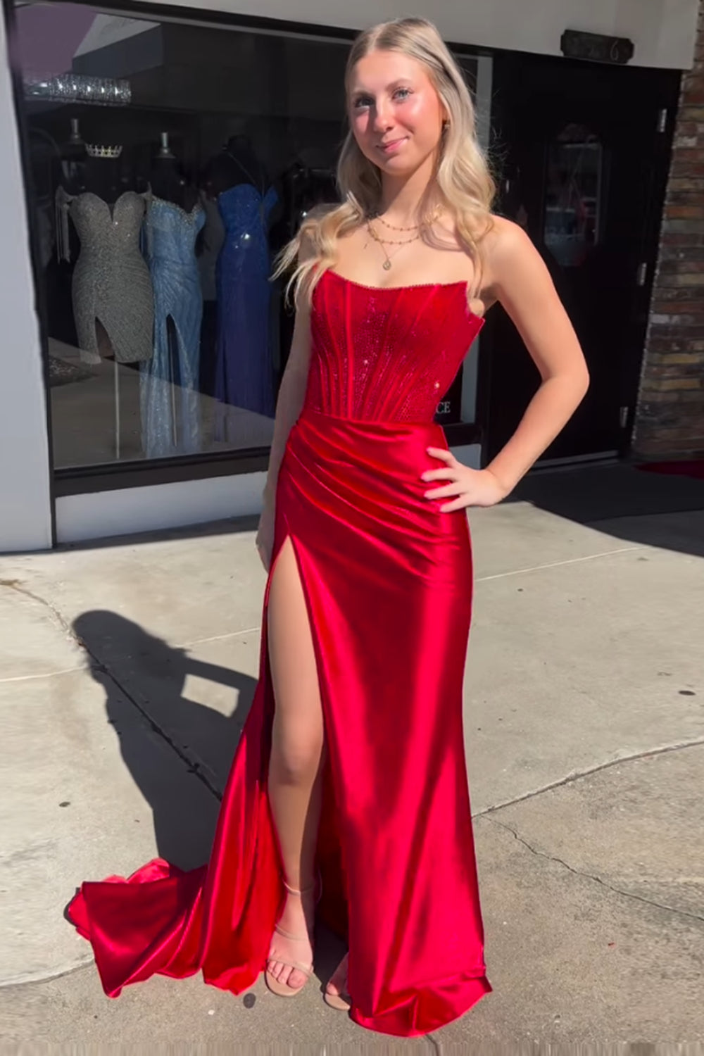 Royal Blue Glitter Mermaid Corset Prom Dress with Beading Strapless Satin Long