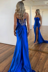 Royal Blue Glitter Mermaid Corset Prom Dress with Beading Strapless Satin Long