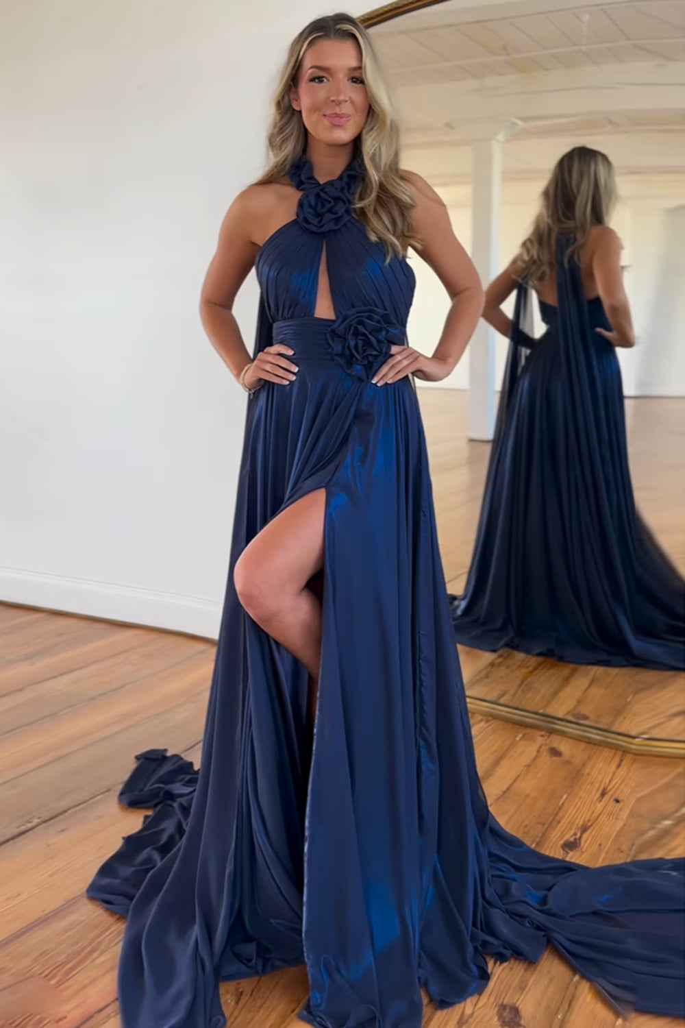 Elegant Navy A-Line Prom Dress with 3D Flowers and Halter Neck