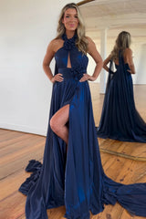 Elegant Navy A-Line Prom Dress with 3D Flowers and Halter Neck