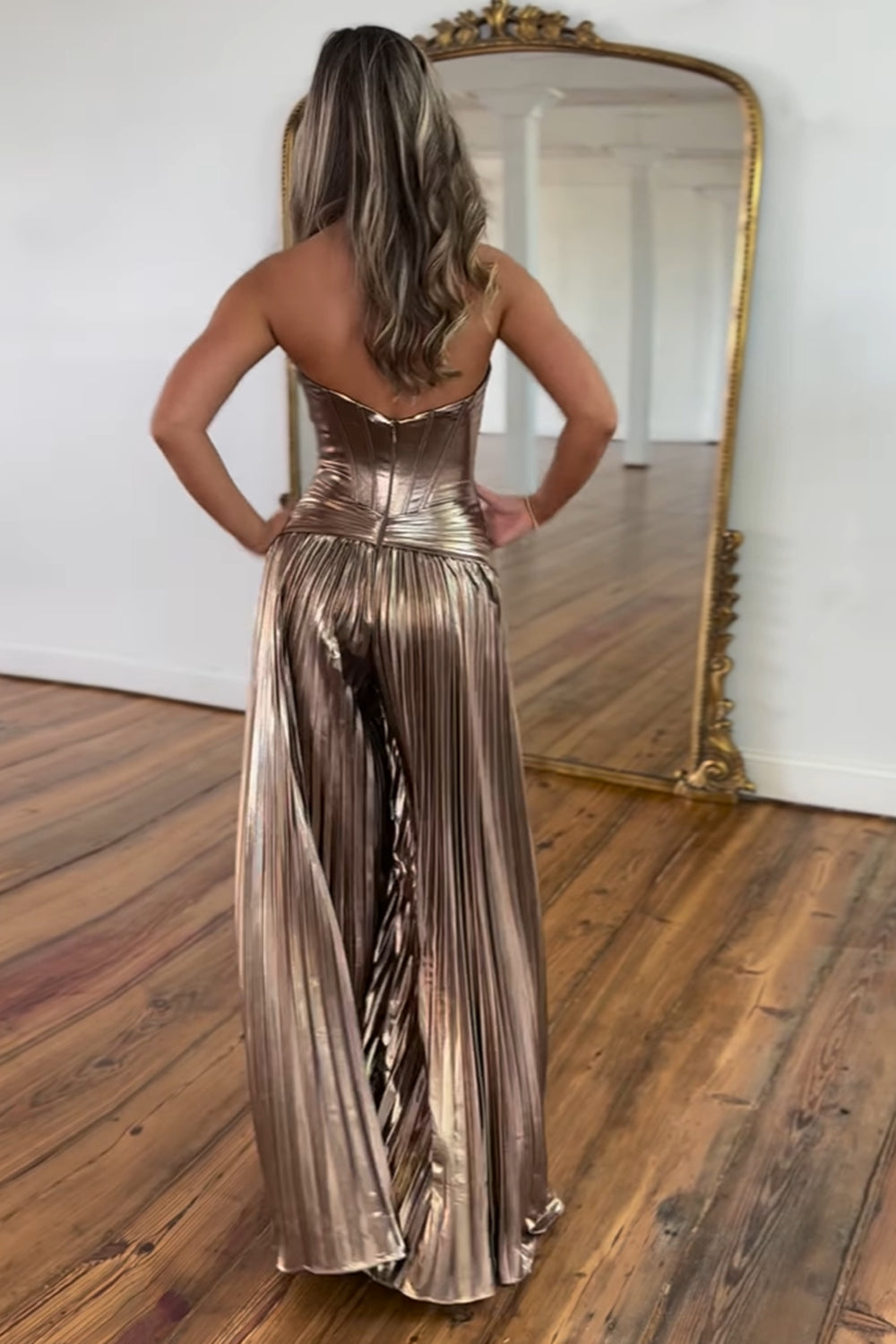 Metallic Rose Gold Sweetheart A-Line Long Pleated Corset Jumpsuit for Prom