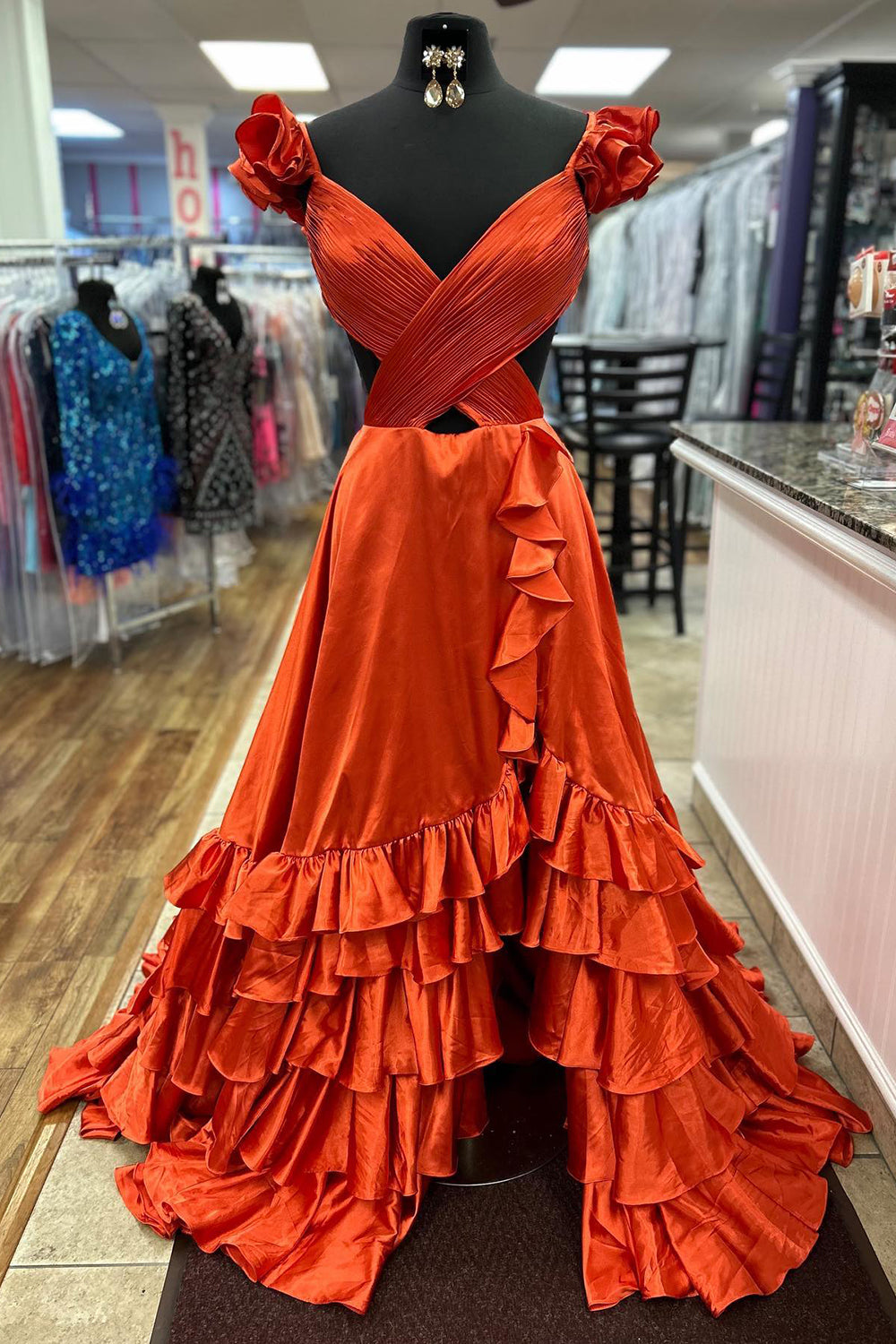 Long Red Prom Dress with V-Neck A-Line Cut Satin Fabric and Tiered Ruffles
