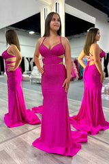 Long Mermaid Prom Dress with Sparkly Fuchsia Spaghetti Straps and Beading
