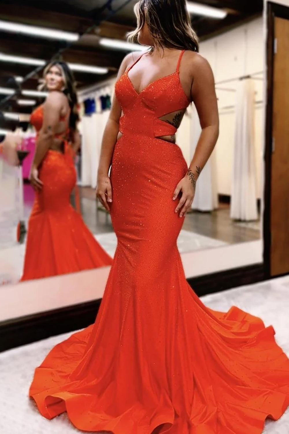 Long Mermaid Prom Dress with Sparkly Fuchsia Spaghetti Straps and Beading