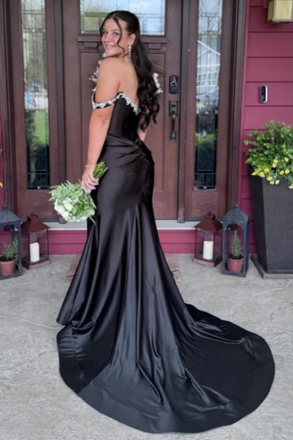 Silver Sparkle Mermaid Prom Dress with Shoulder Detail and Satin Ruched Slit