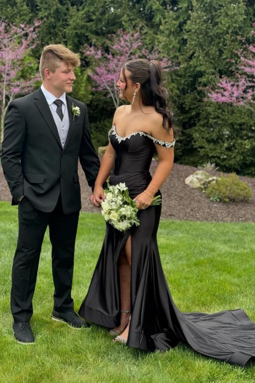 Silver Sparkle Mermaid Prom Dress with Shoulder Detail and Satin Ruched Slit