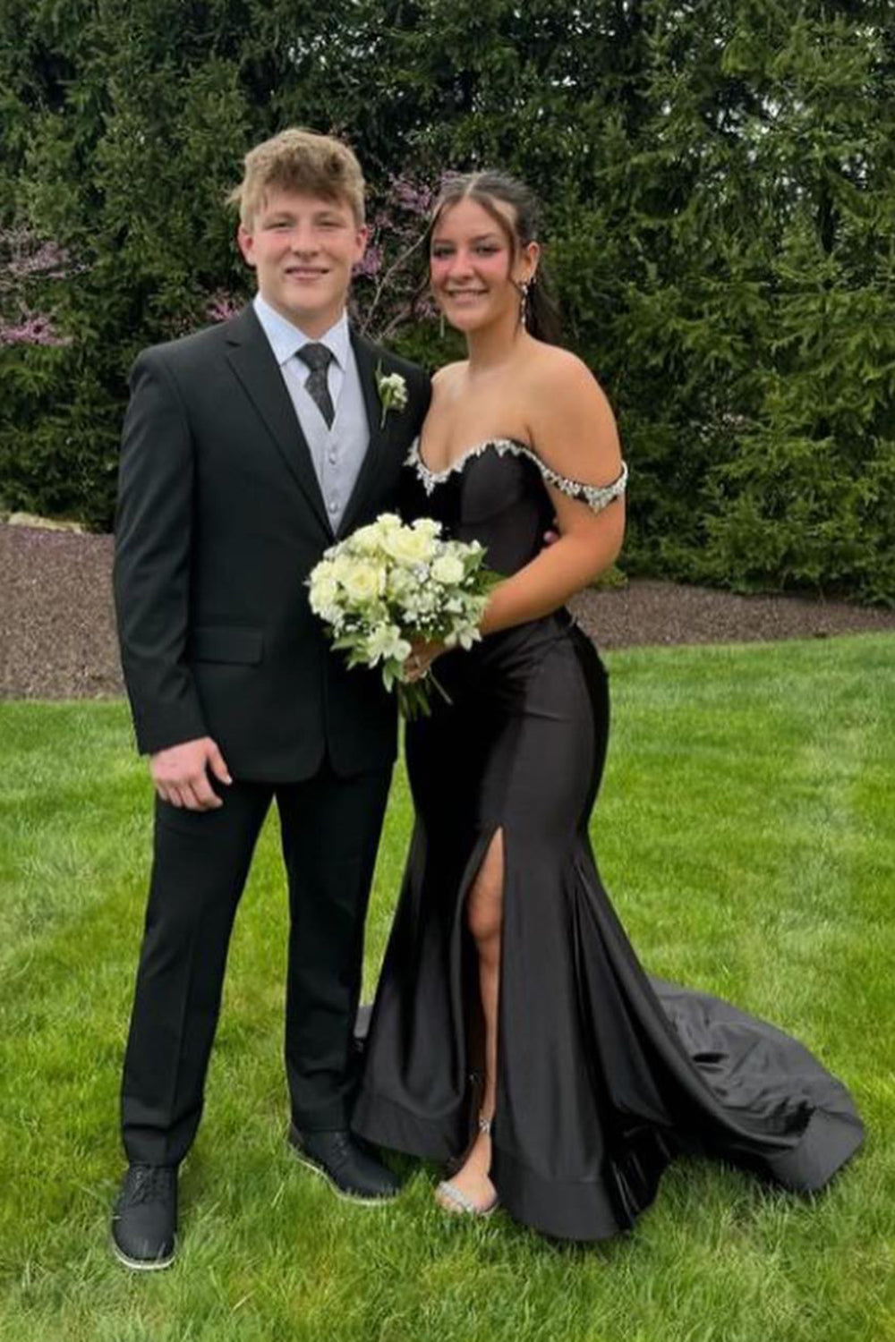 Silver Sparkle Mermaid Prom Dress with Shoulder Detail and Satin Ruched Slit