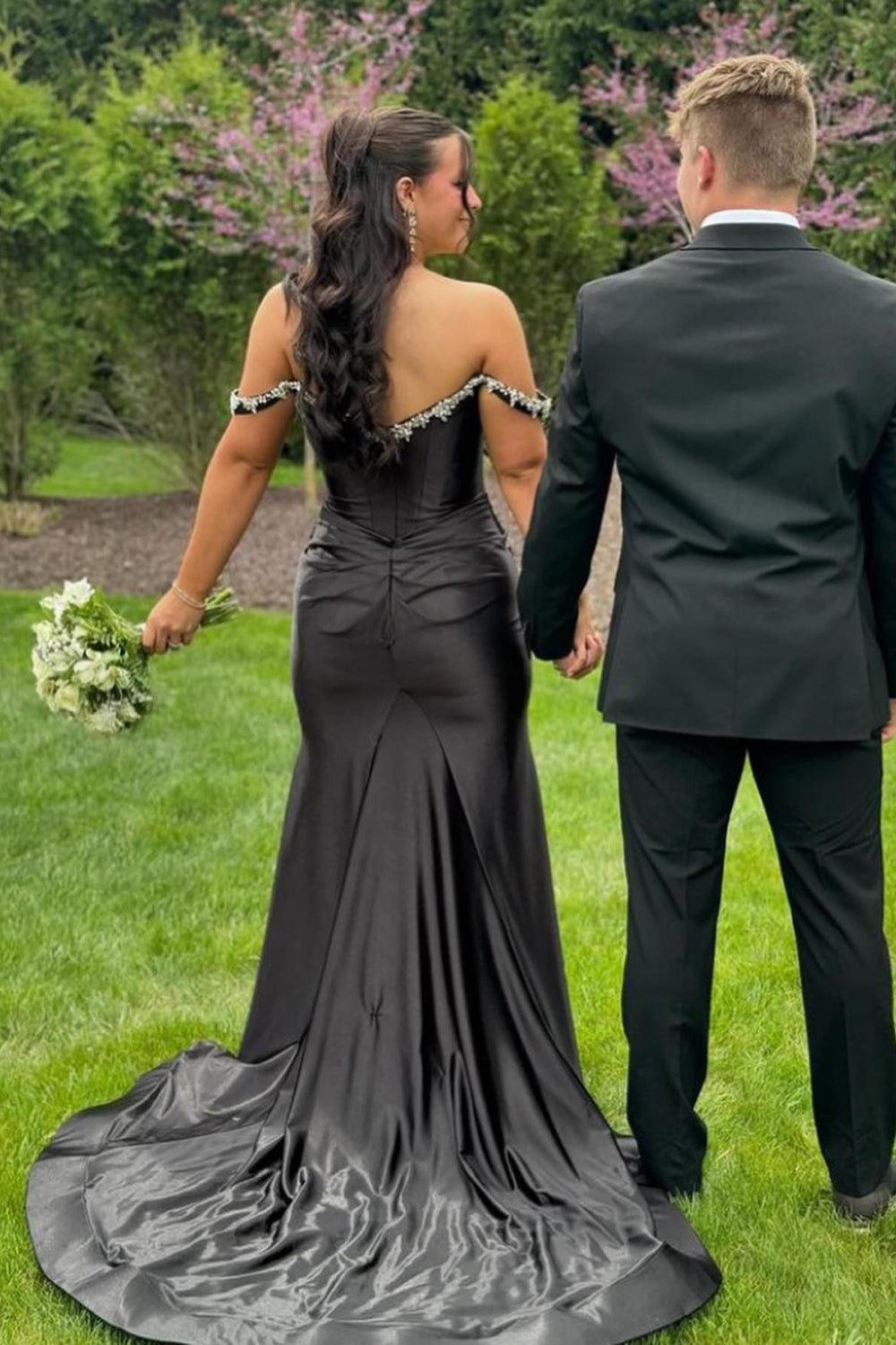 Silver Sparkle Mermaid Prom Dress with Shoulder Detail and Satin Ruched Slit