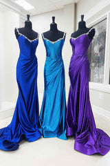 Silver Sparkle Mermaid Prom Dress with Shoulder Detail and Satin Ruched Slit