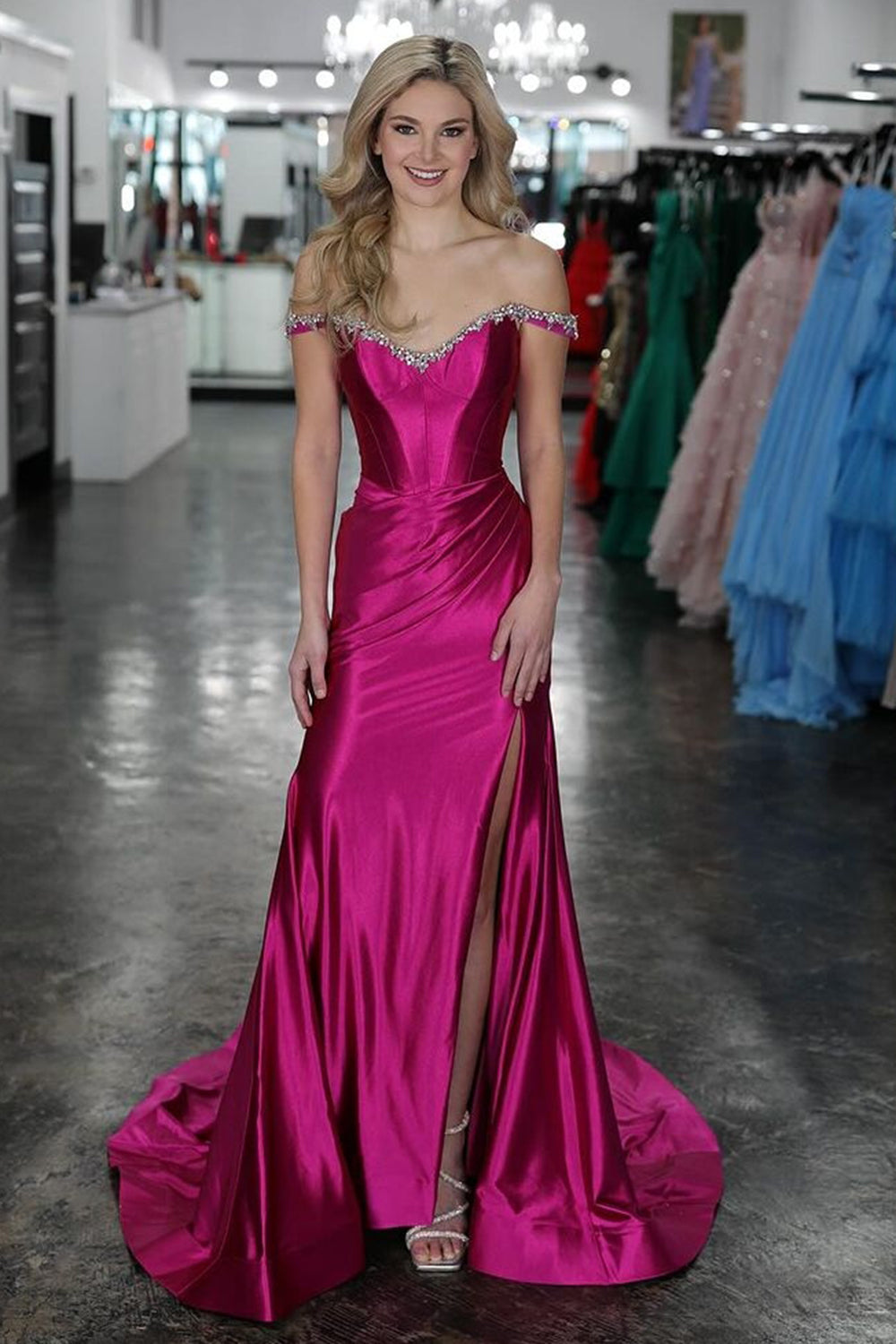 Silver Sparkle Mermaid Prom Dress with Shoulder Detail and Satin Ruched Slit