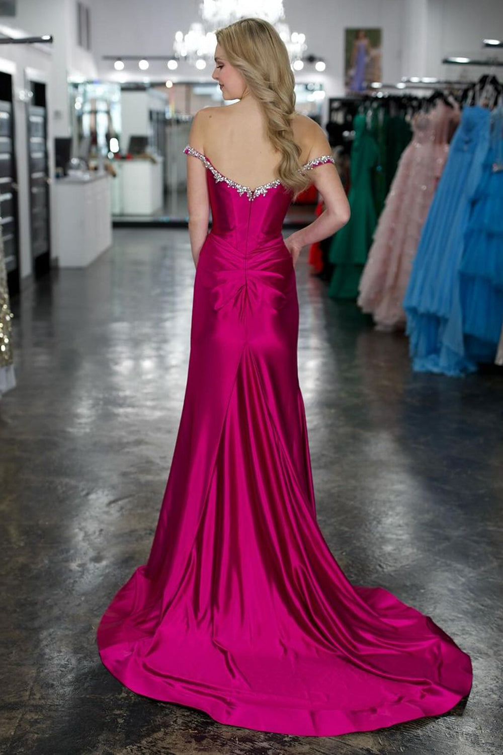 Silver Sparkle Mermaid Prom Dress with Shoulder Detail and Satin Ruched Slit