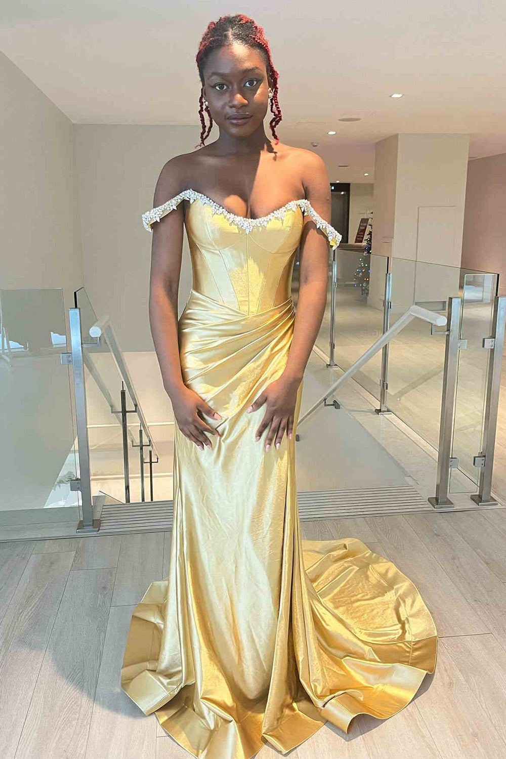 Silver Sparkle Mermaid Prom Dress with Shoulder Detail and Satin Ruched Slit