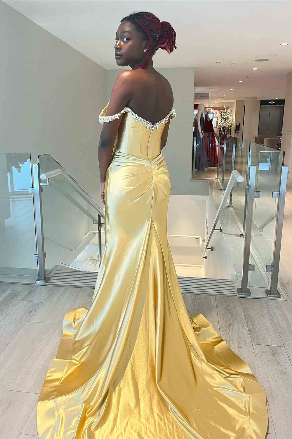 Silver Sparkle Mermaid Prom Dress with Shoulder Detail and Satin Ruched Slit