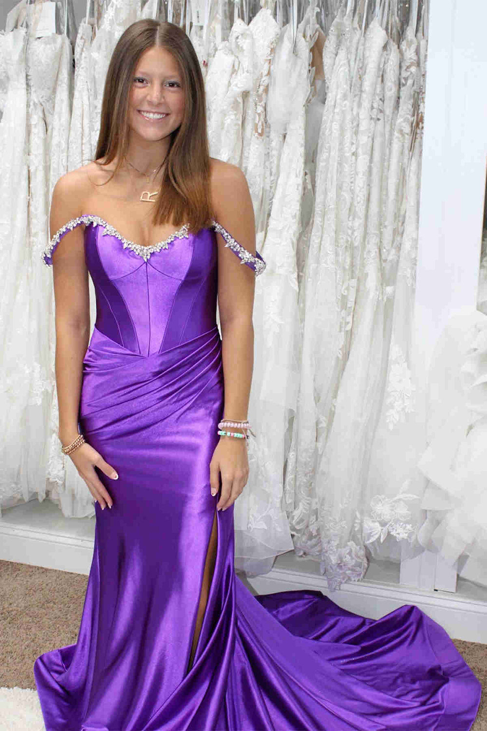 Silver Sparkle Mermaid Prom Dress with Shoulder Detail and Satin Ruched Slit