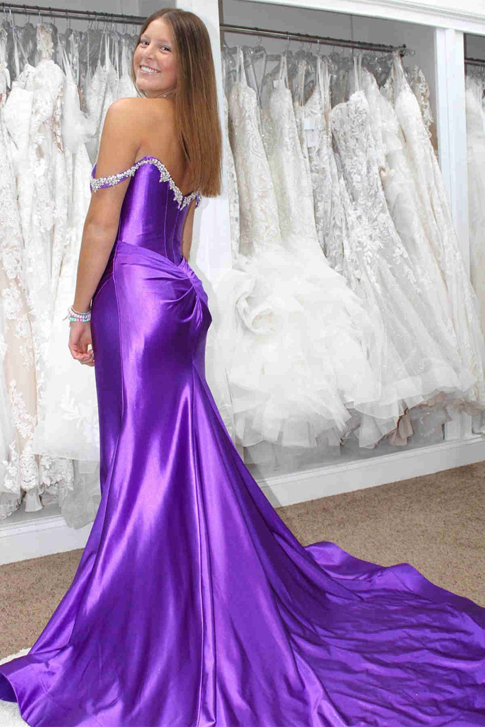 Silver Sparkle Mermaid Prom Dress with Shoulder Detail and Satin Ruched Slit