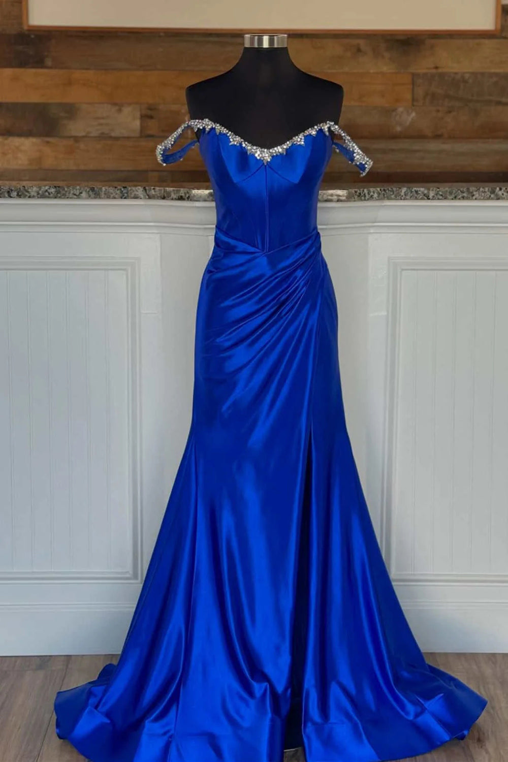 Silver Sparkle Mermaid Prom Dress with Shoulder Detail and Satin Ruched Slit