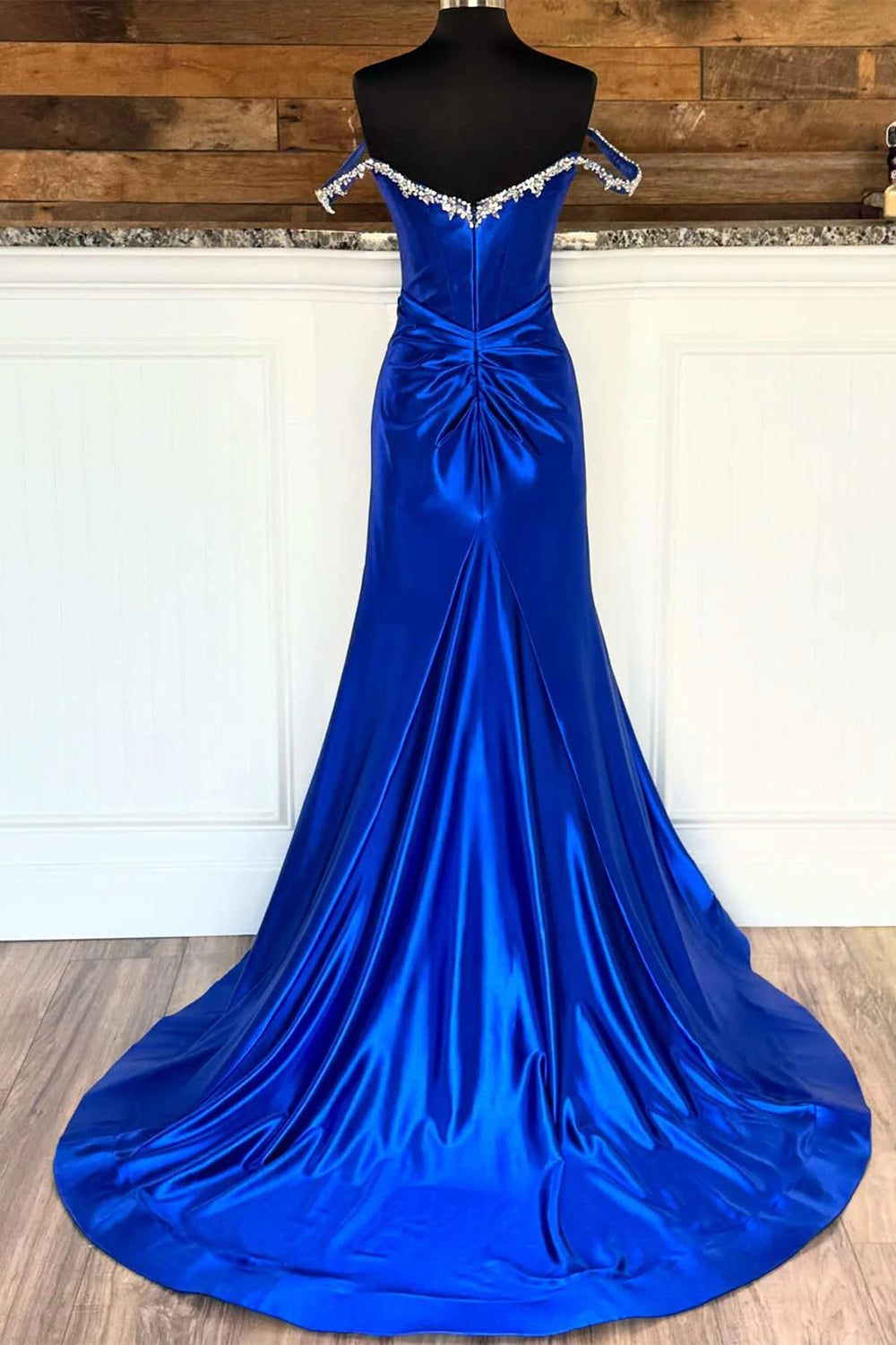 Silver Sparkle Mermaid Prom Dress with Shoulder Detail and Satin Ruched Slit