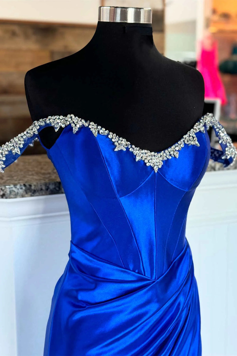 Silver Sparkle Mermaid Prom Dress with Shoulder Detail and Satin Ruched Slit