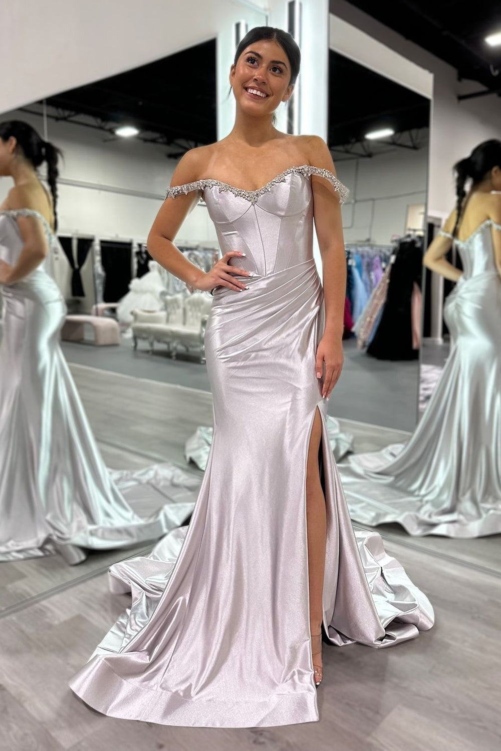 Silver Sparkle Mermaid Prom Dress with Shoulder Detail and Satin Ruched Slit