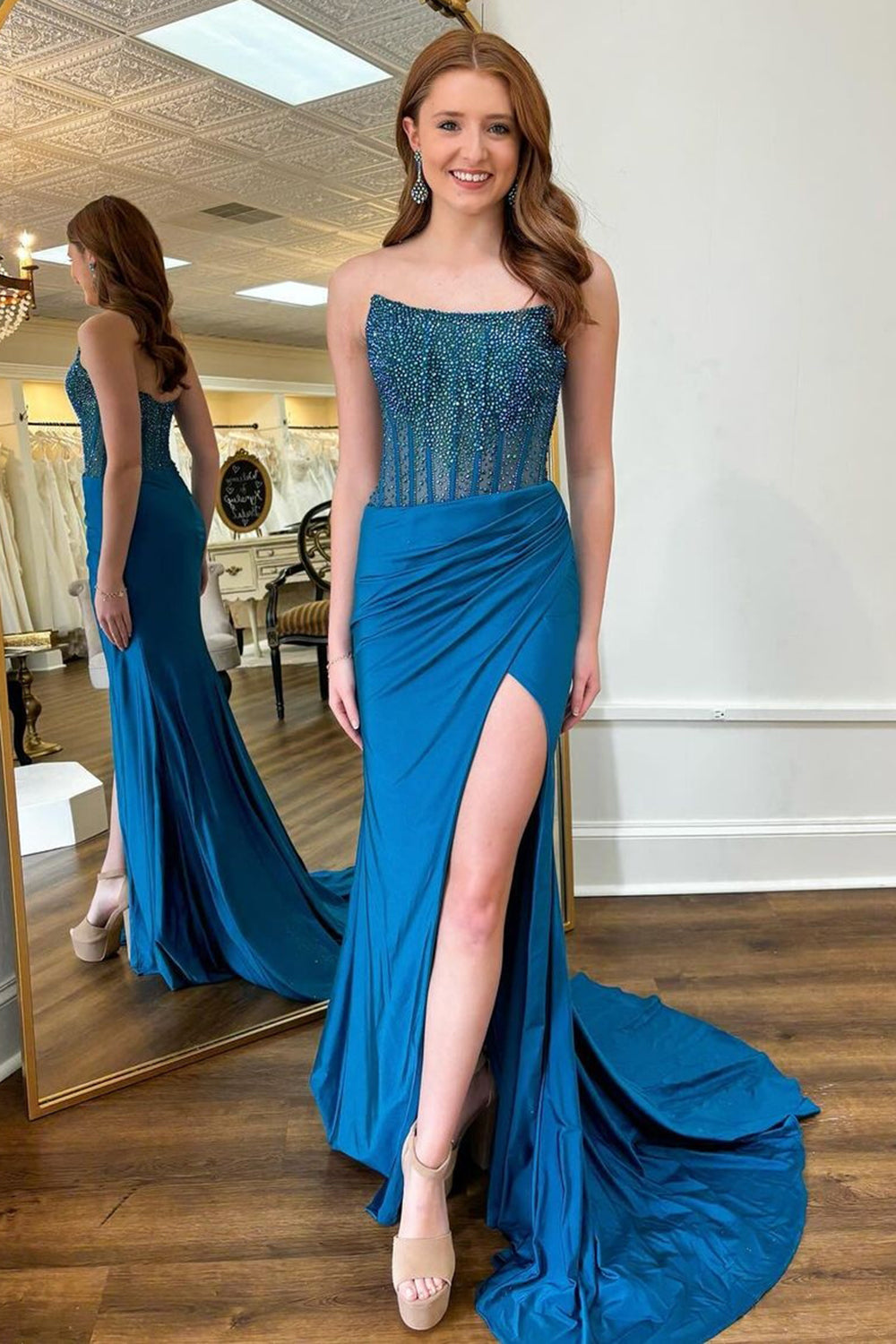 Long Beaded Red Mermaid Prom Dress with Sparkly Strapless Design and Slit