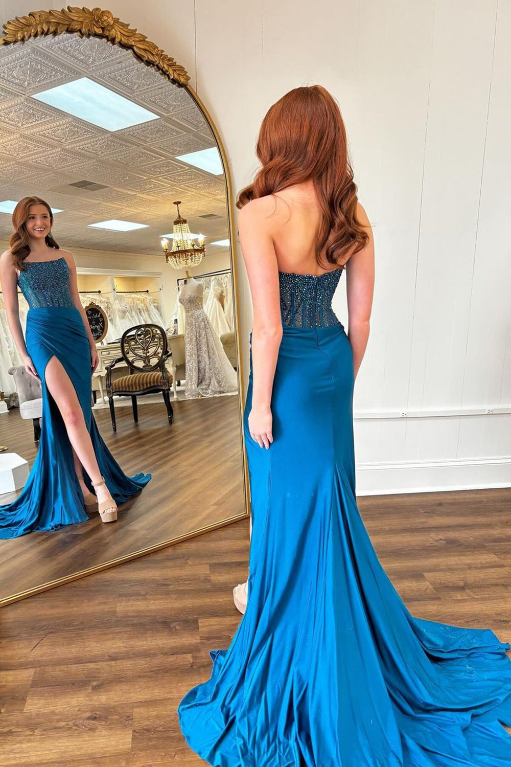 Long Beaded Red Mermaid Prom Dress with Sparkly Strapless Design and Slit