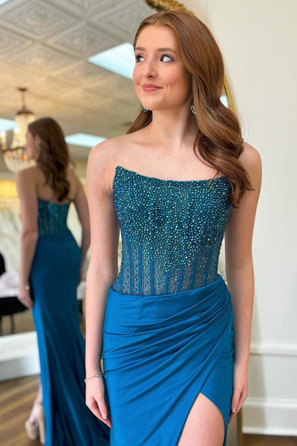 Long Beaded Red Mermaid Prom Dress with Sparkly Strapless Design and Slit