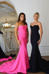 Long Strapless Mermaid Prom Corset Dress in Hot Pink with Slit