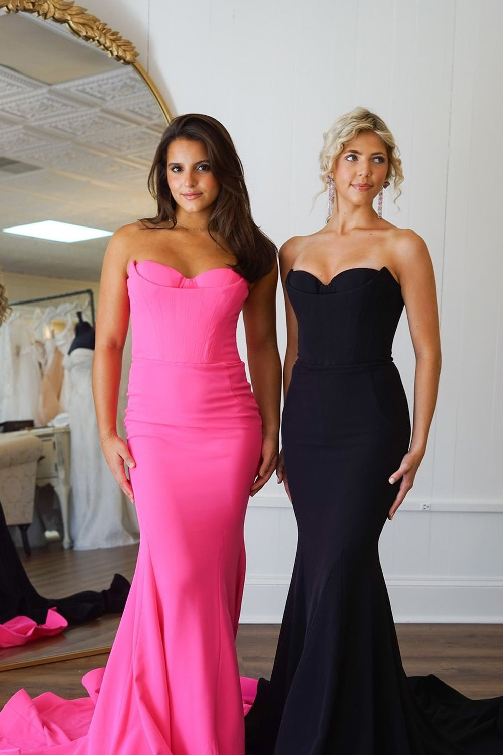 Long Strapless Mermaid Prom Corset Dress in Hot Pink with Slit