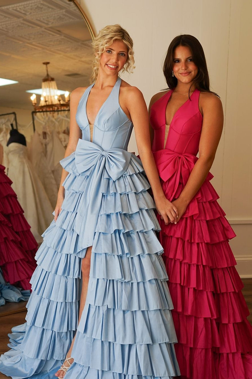 Long A-Line Corset Prom Dress in Blue with Halter Neck Tiered Skirt and Slit