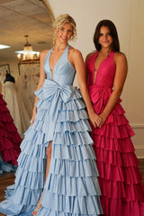 Long A-Line Corset Prom Dress in Blue with Halter Neck Tiered Skirt and Slit