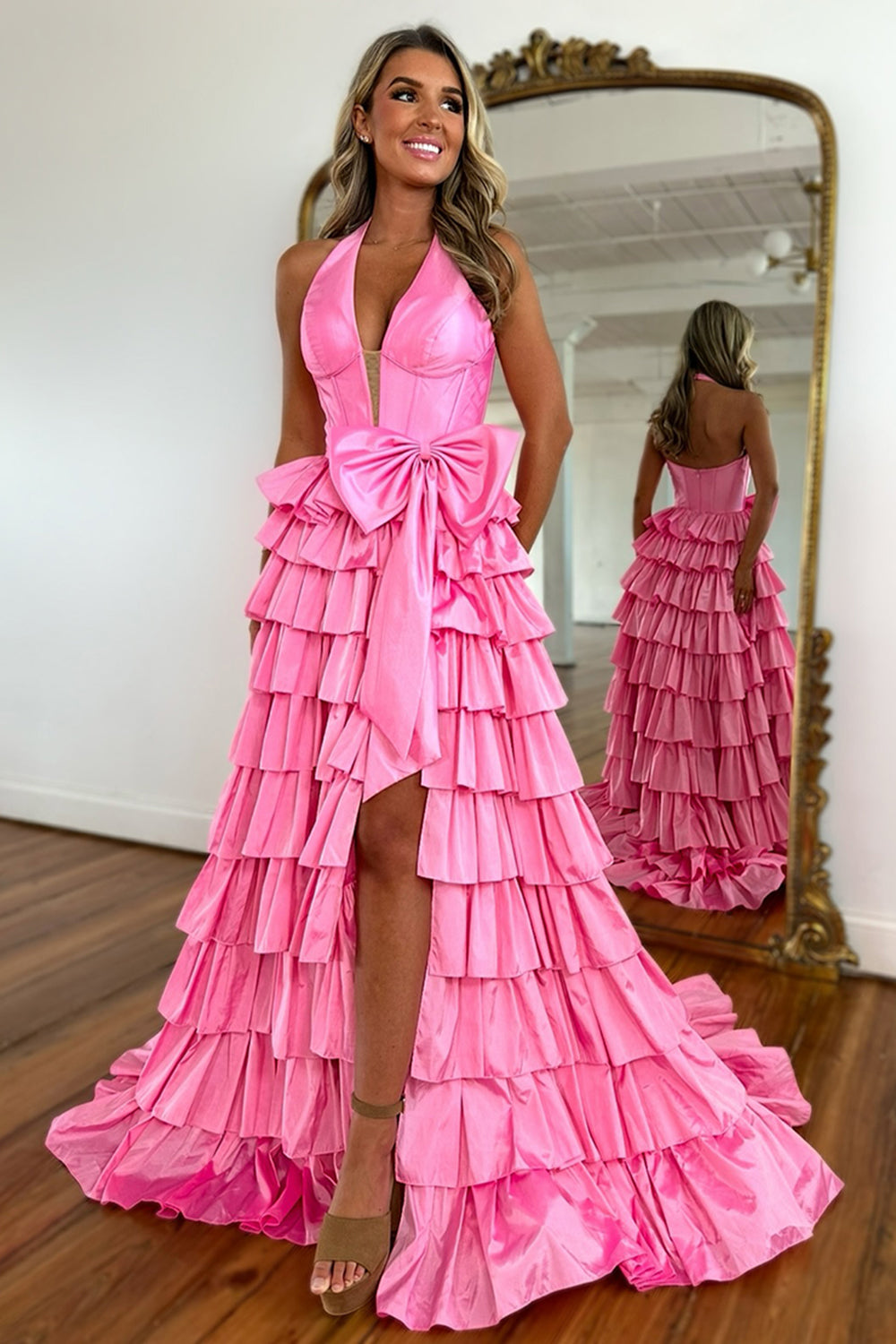 Long A-Line Corset Prom Dress in Blue with Halter Neck Tiered Skirt and Slit