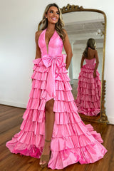 Long A-Line Corset Prom Dress in Blue with Halter Neck Tiered Skirt and Slit