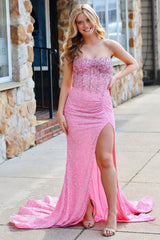 Long Pink Sparkly Mermaid Prom Dress with Strapless Corset and Sequins Slit