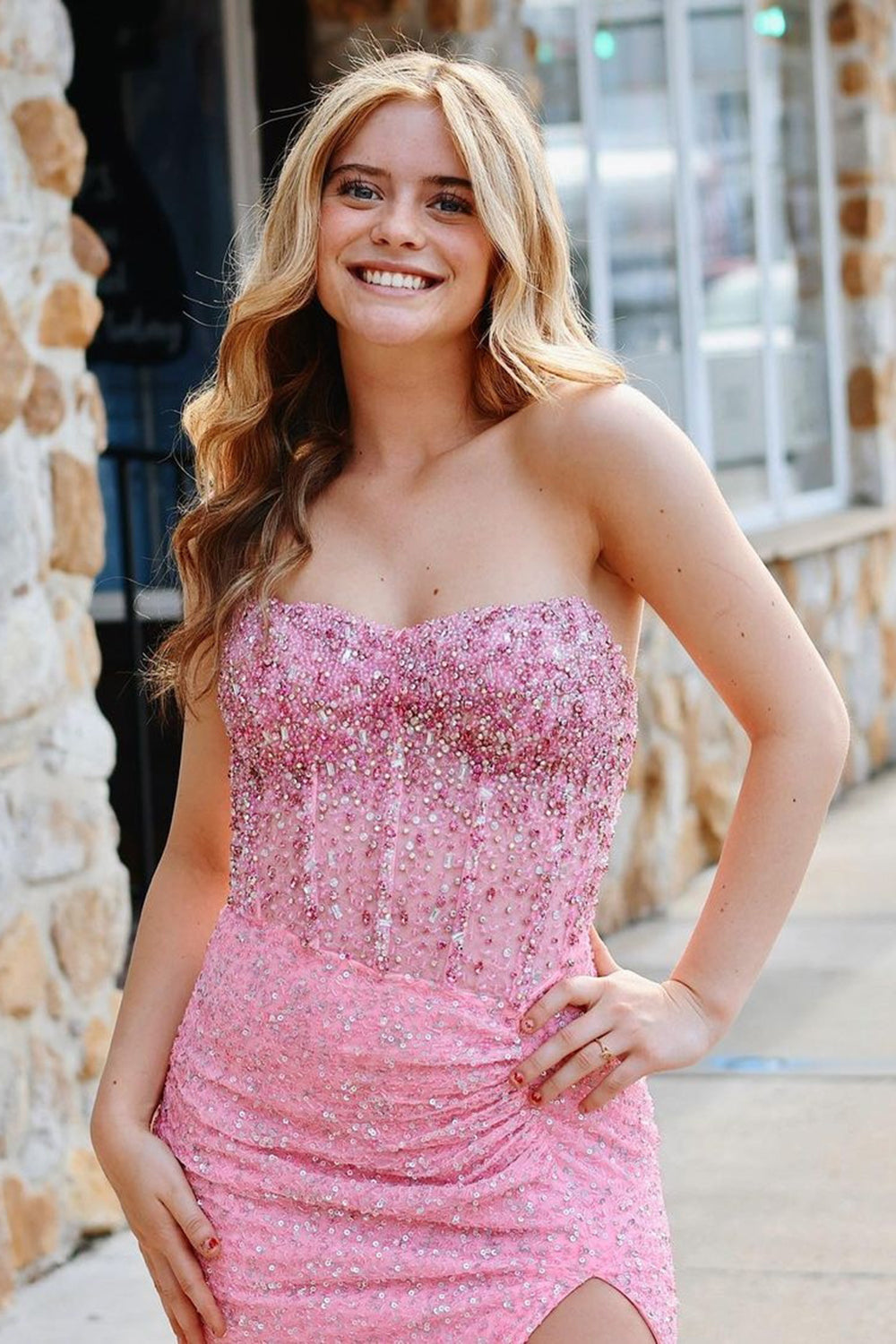 Long Pink Sparkly Mermaid Prom Dress with Strapless Corset and Sequins Slit