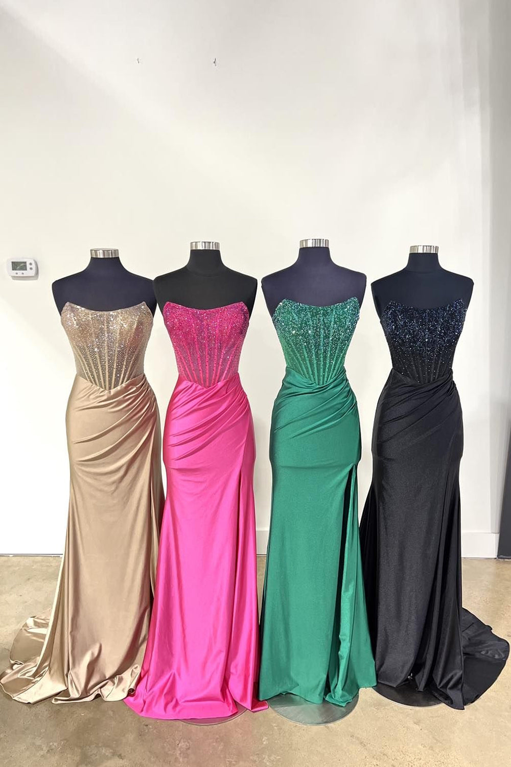 Long Beaded Fuchsia Strapless Prom Corset Dress with Mermaid Slit