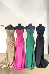 Long Black Beaded Mermaid Corset Prom Dress with Strapless Neckline and Slit