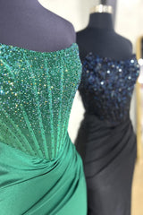 Long Black Beaded Mermaid Corset Prom Dress with Strapless Neckline and Slit