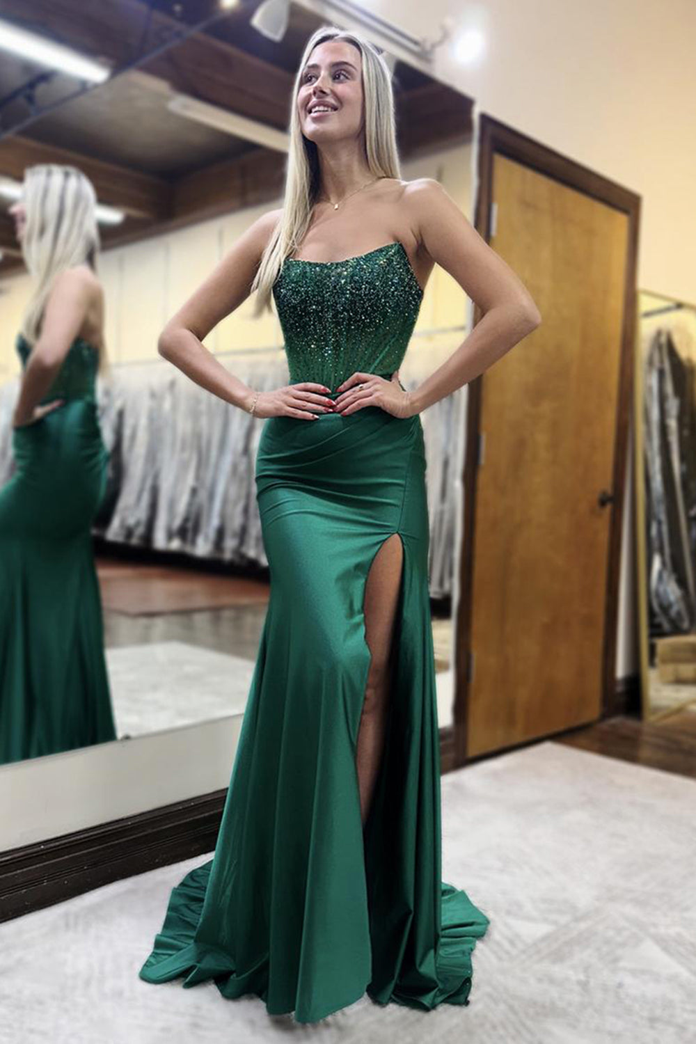 Long Beaded Fuchsia Strapless Prom Corset Dress with Mermaid Slit
