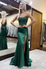 Long Black Beaded Mermaid Prom Dress with Strapless Corset and Slit