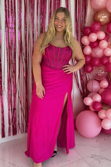 Long Beaded Fuchsia Strapless Mermaid Prom Dress with Slit